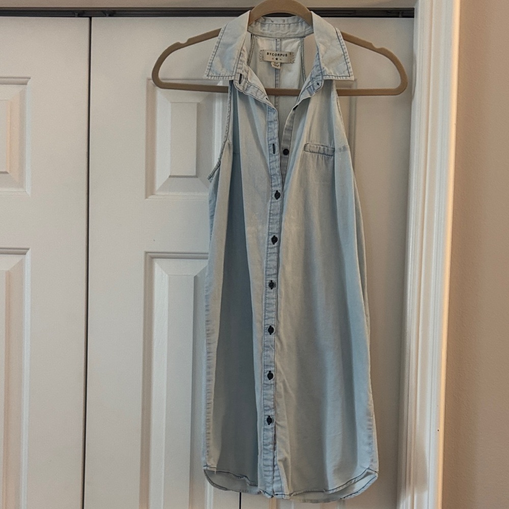 Light Blue Jean Sleeveless Button-Down Mini Dress